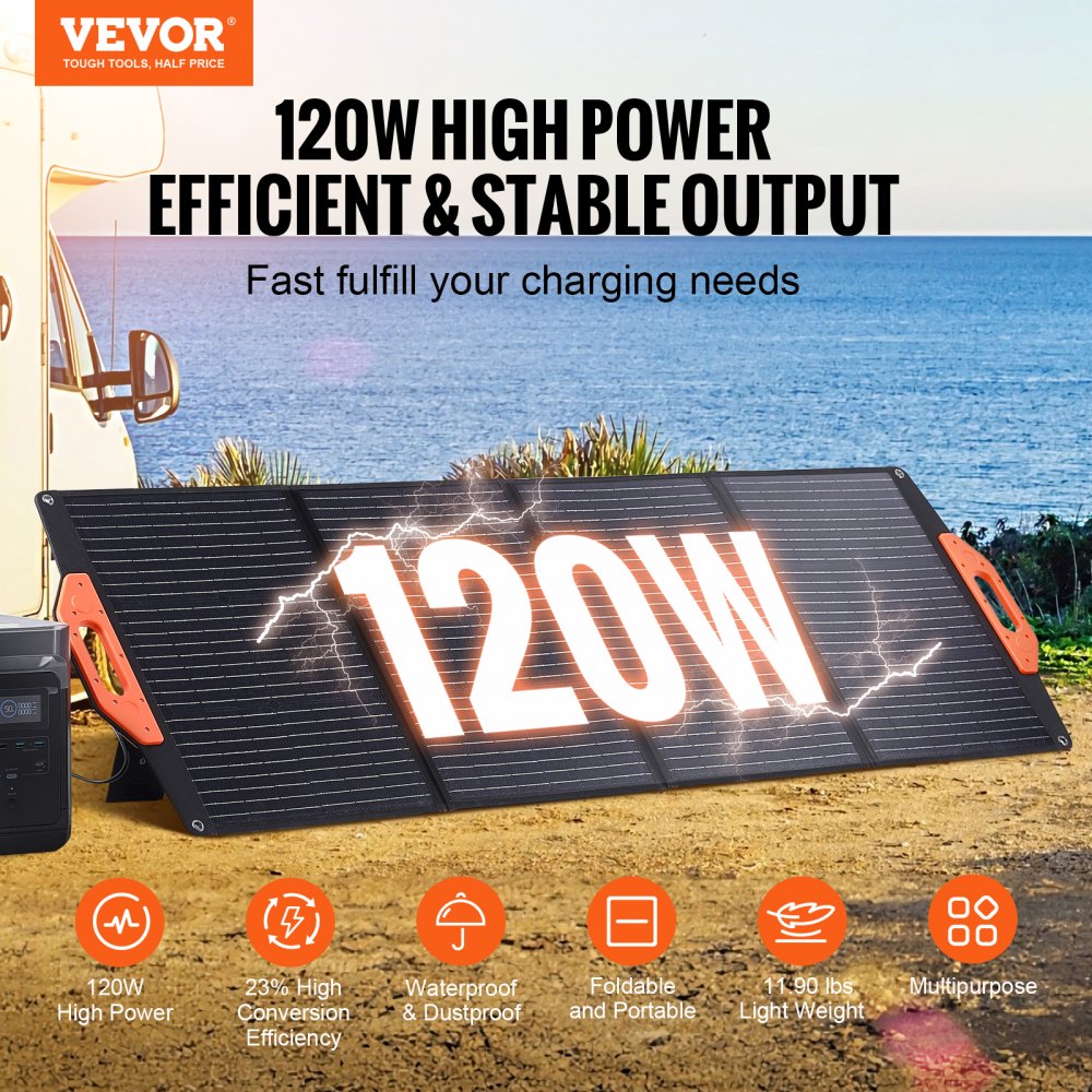 Portable Monocrystalline Solar Panel, Monocrystallin120W Foldable e ETFE Solar Charger, 23% Efficiency Solar Panel with Type C, DC 18V, QC3.0 USB Port, IP67 Waterproof for Home, Off Grid, Hiking