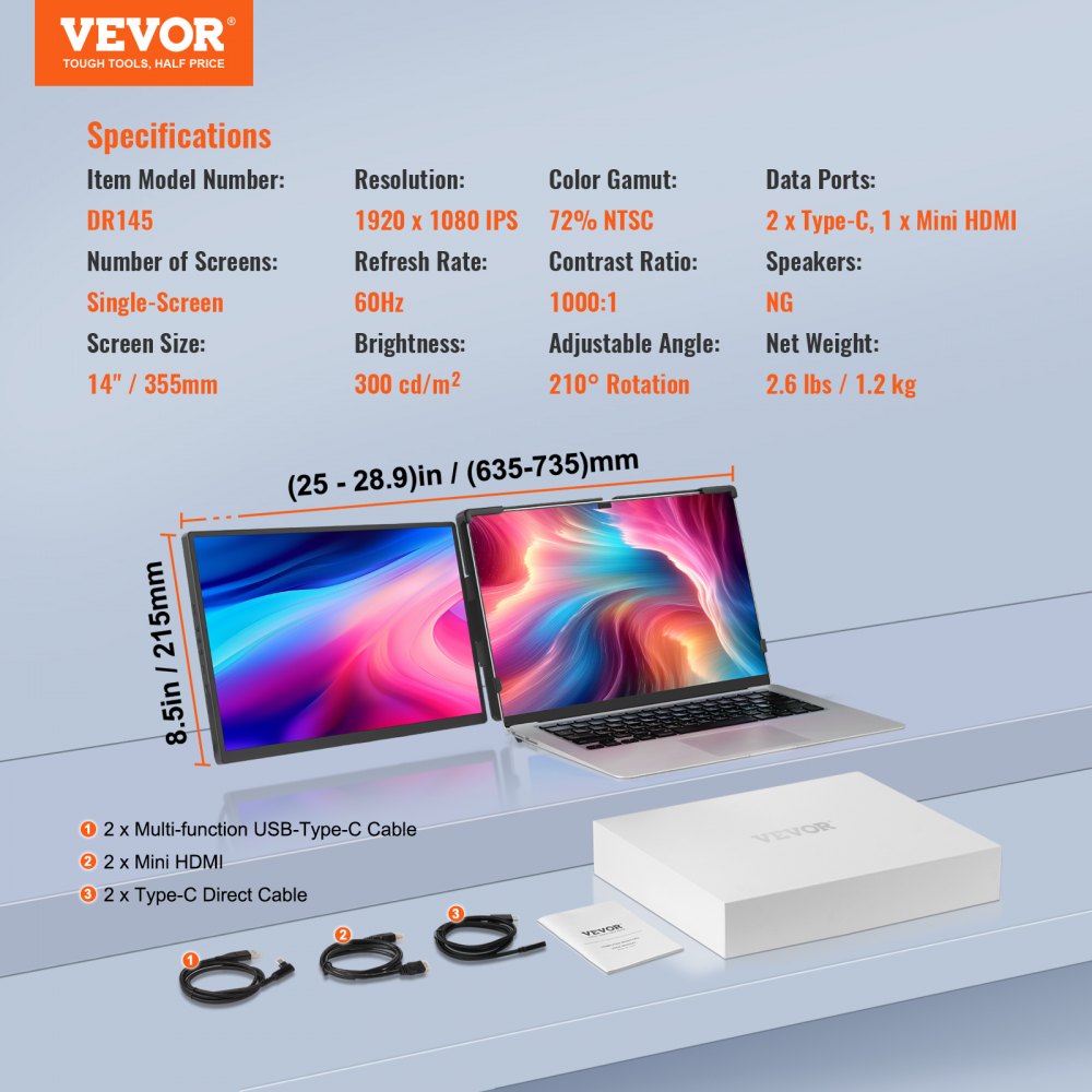 Portable Laptop Screen Extender, 14" FHD 1080P IPS Dual Extended Monitor for 13"-17" Laptop, Swivel Portable Monitor USB-C/USB-A/Mini HDMI Port, Compatible with Mac/Wins/Android/Switch/PS5