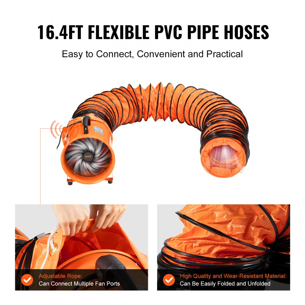 Orange 10-inch portable ventilator fan with flexible duct hose and sturdy steel construction.