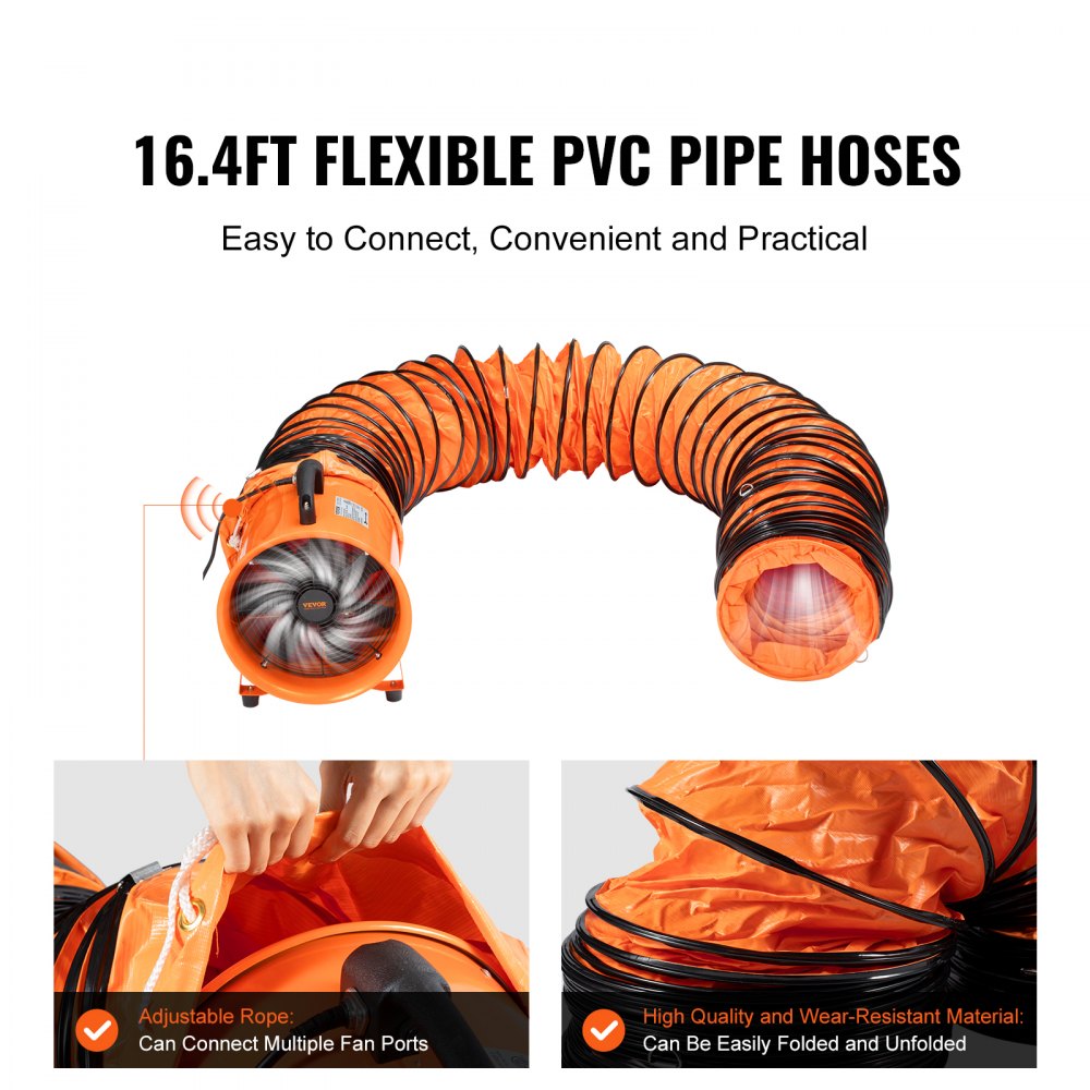 12-inch industrial ventilator fan with a 16.4ft duct hose for powerful airflow and portability.