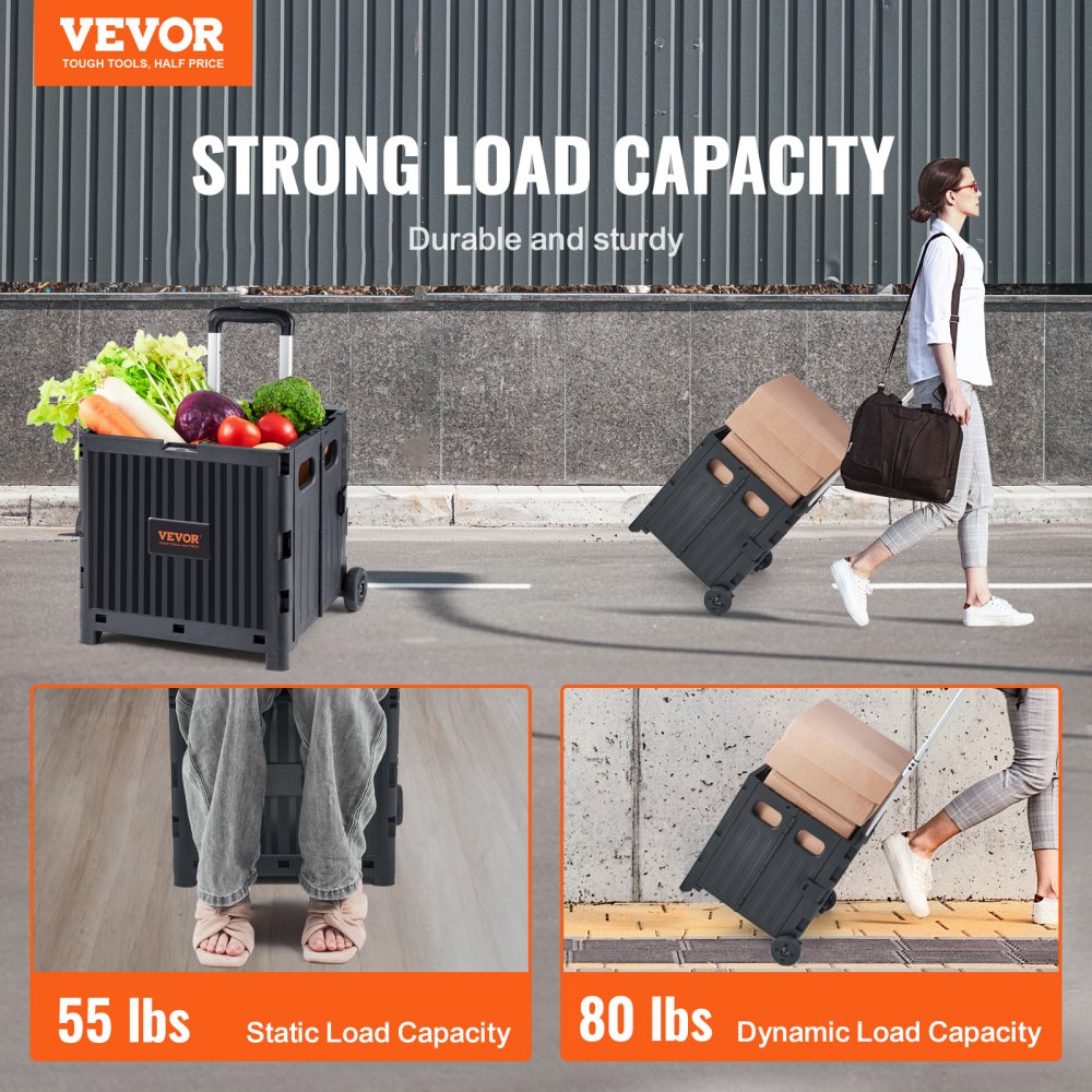 Foldable Utility Cart, 80 lbs Load Capacity, Folding Portable Rolling Crate Handcart with Durable Heavy Duty Telescoping Handle and 2 Wheels for Travel Shopping Moving Luggage Office Use, Black