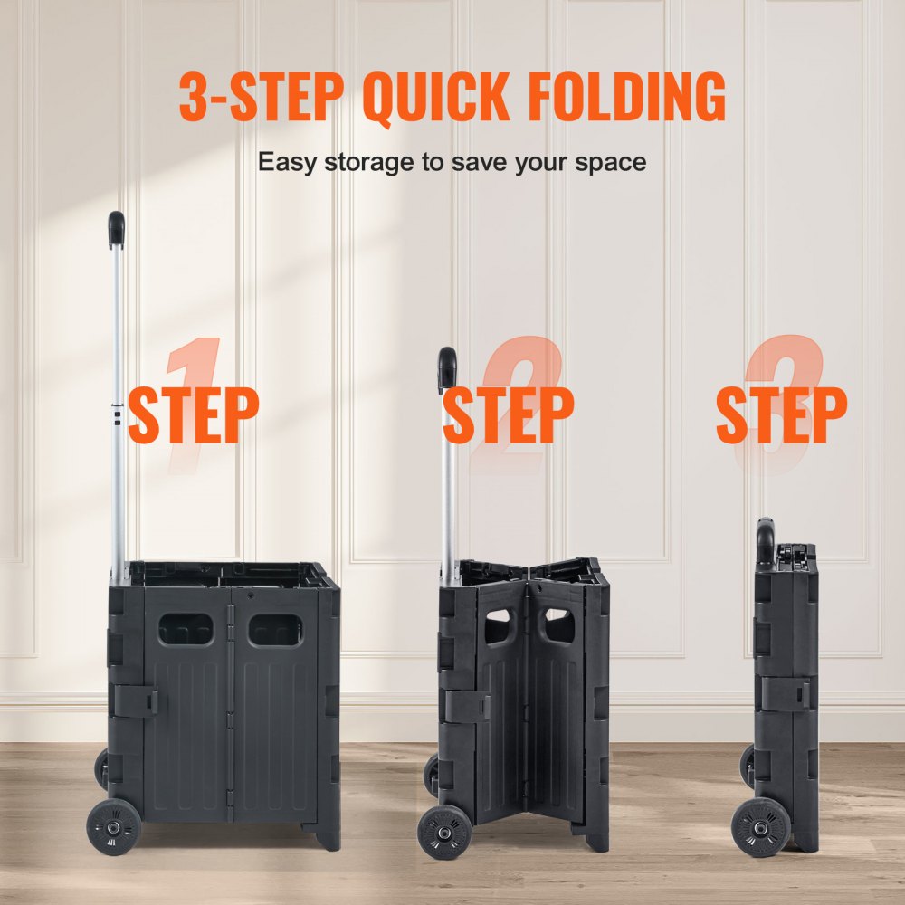 Foldable Utility Cart, 80 lbs Load Capacity, Folding Portable Rolling Crate Handcart with Durable Heavy Duty Telescoping Handle and 2 Wheels for Travel Shopping Moving Luggage Office Use, Black
