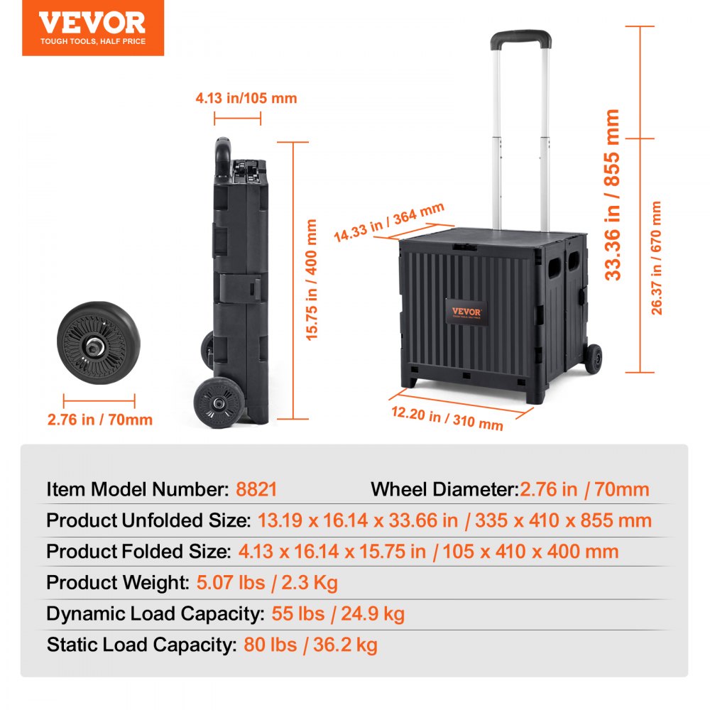 Foldable Utility Cart, 80 lbs Load Capacity, Folding Portable Rolling Crate Handcart with Durable Heavy Duty Telescoping Handle and 2 Wheels for Travel Shopping Moving Luggage Office Use, Black