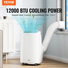 Portable air conditioner with LED interface, remote control, and wheels for easy mobility.