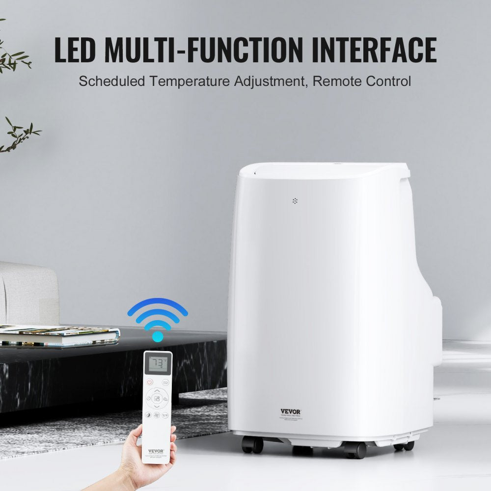 Portable air conditioner with LED interface, 12000 BTU, and dehumidifier and fan modes.