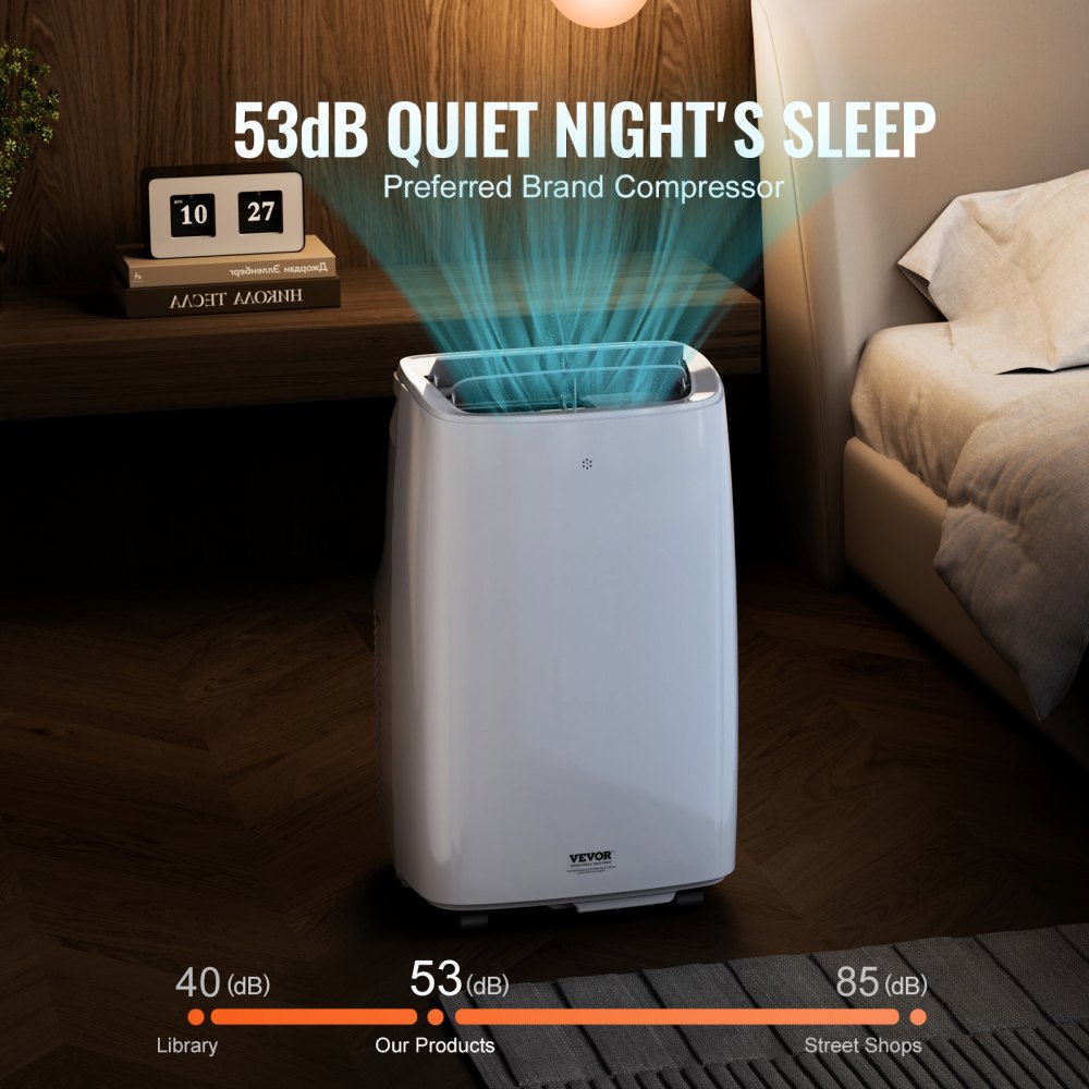 Portable air conditioner with LED interface, remote control, and wheels for easy mobility.