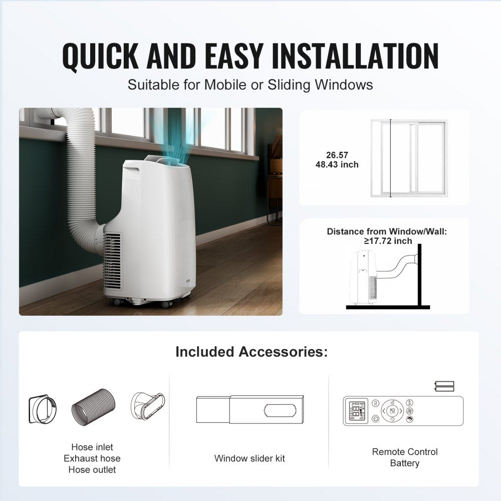 Portable air conditioner with LED interface, remote control, and wheels for easy mobility.