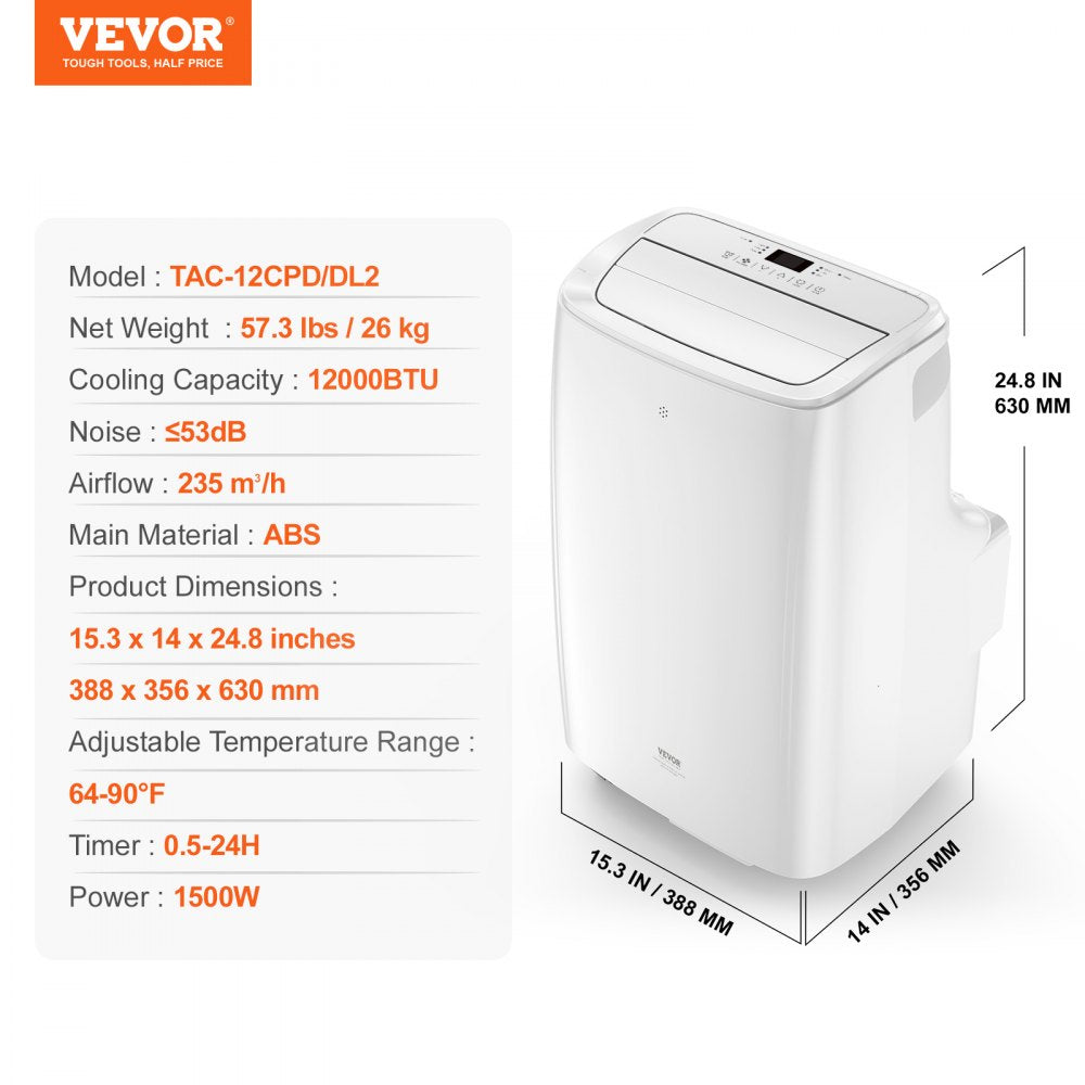 Bostome 12000 BTU portable air conditioner with LED interface, remote, and wheels for easy mobility.