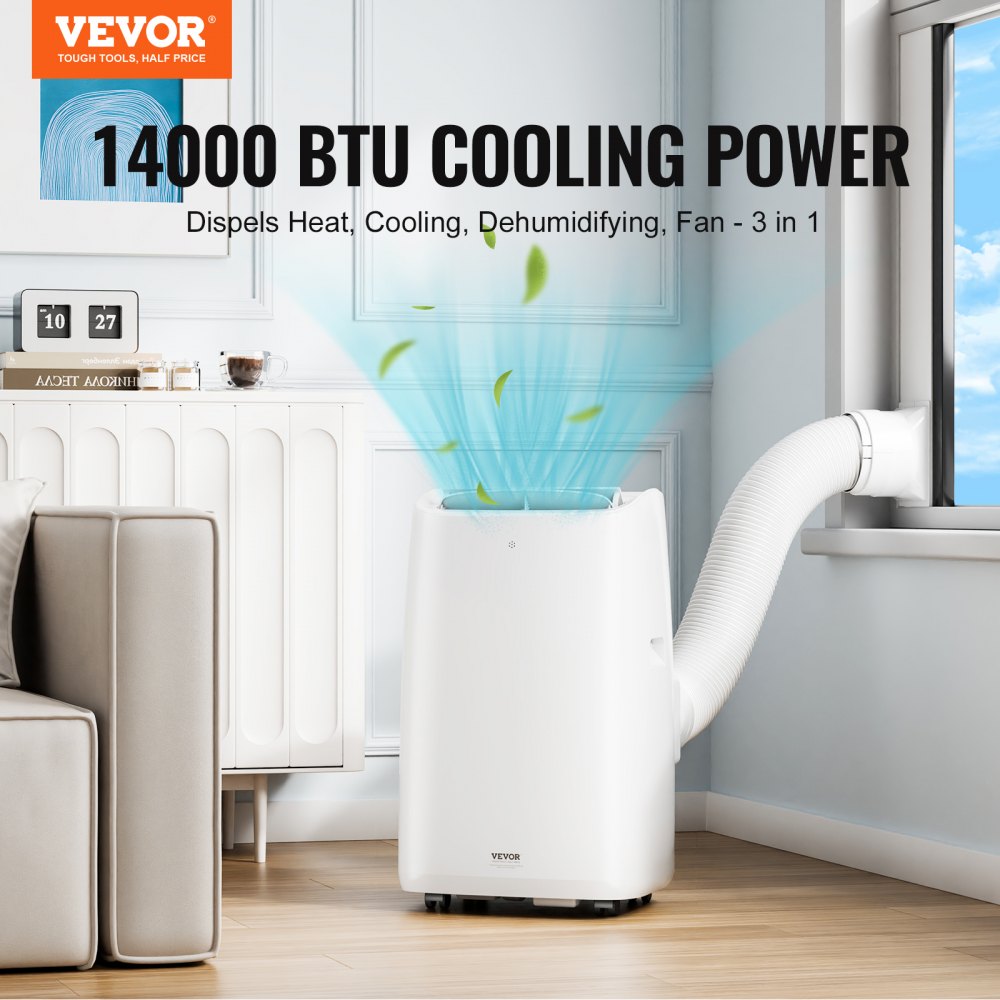 Bostome 14000 BTU portable air conditioner with remote, dehumidifier, and fan features.