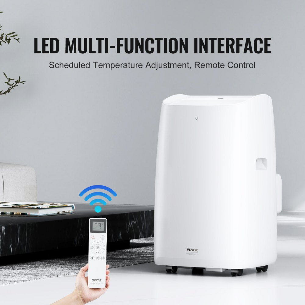 Portable air conditioner with a sleek design, remote control, and window installation kit.