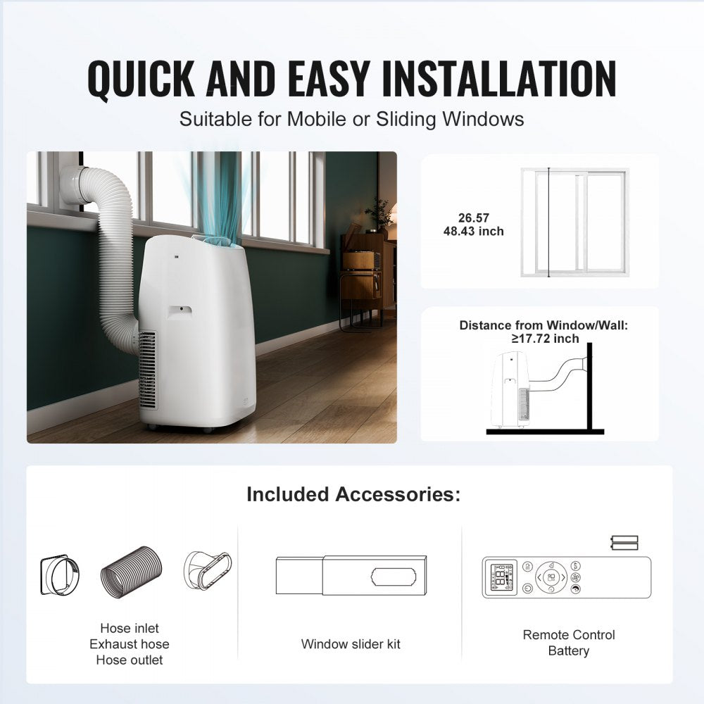 Bostome 14000 BTU Portable Air Conditioner with LED interface, remote, and mobility features.