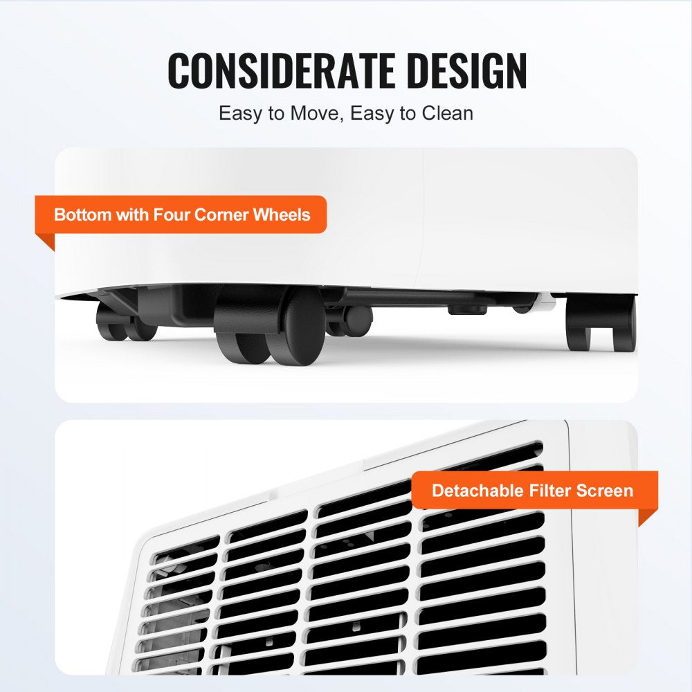 Portable air conditioner with a sleek design, remote control, and three functions: cooling, dehumidifying, and fan.