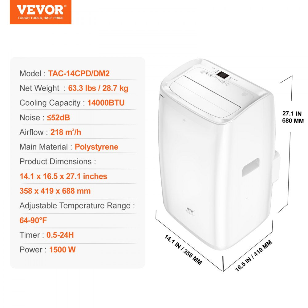 Bostome 14000 BTU Portable Air Conditioner with LED interface, remote, and four-wheel mobility.