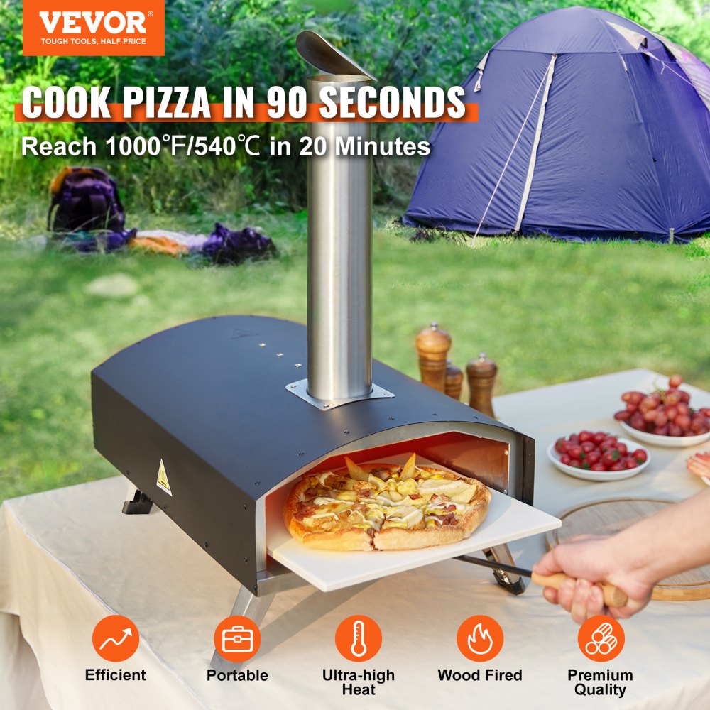 Outdoor Oven 12-inch Pellet and Charcoal Fired Maker, Portable Outside Stainless Steel Grill with Pizza Stone, Waterproof Cover, Shovel, Wood Burner for Backyard Camping, Black