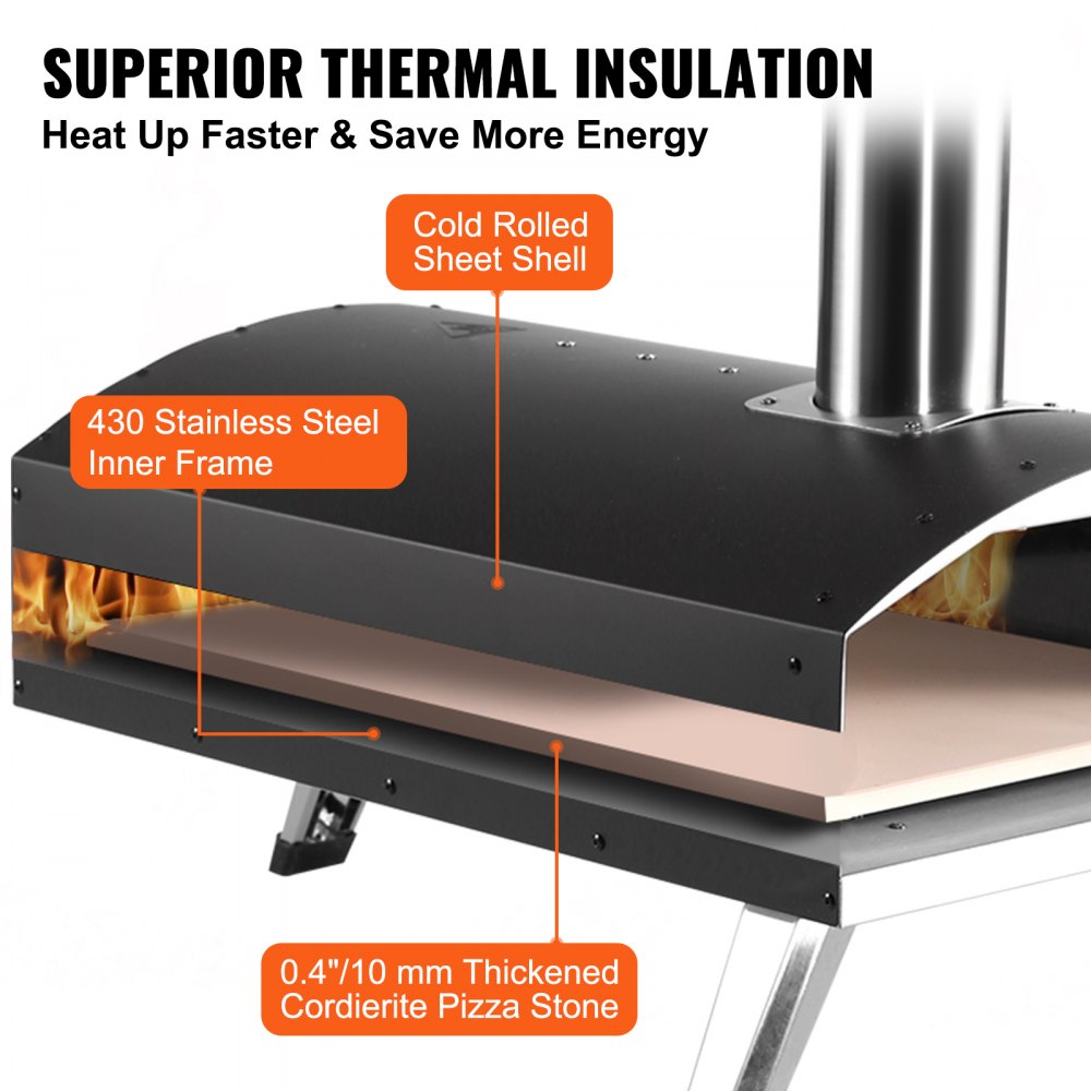 Outdoor Oven 12-inch Pellet and Charcoal Fired Maker, Portable Outside Stainless Steel Grill with Pizza Stone, Waterproof Cover, Shovel, Wood Burner for Backyard Camping, Black
