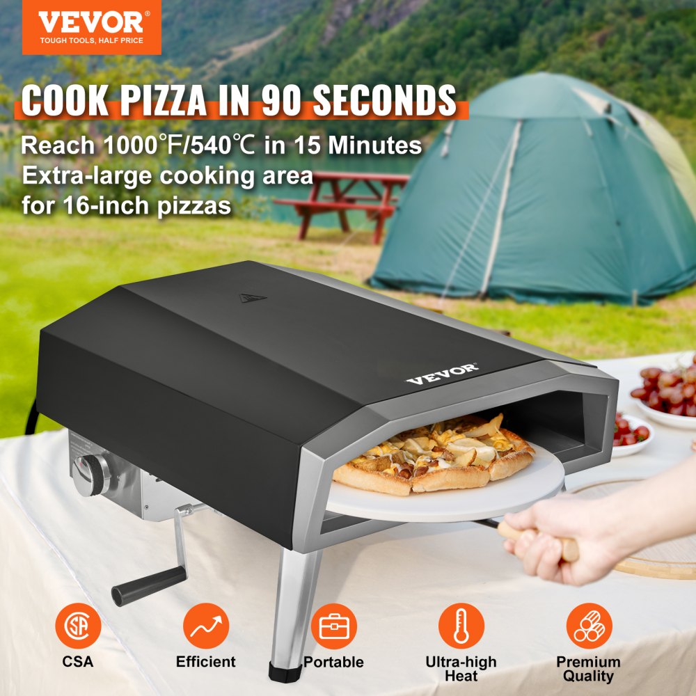 Outdoor Pizza Oven, 16-inch, Gas Fired Pizza Maker, Portable Outside Stainless Steel Pizza Grill with 360° Rotatable Pizza Stone, Waterproof Cover, Peel, IR Thermometer, Gas Burner, CSA Listed