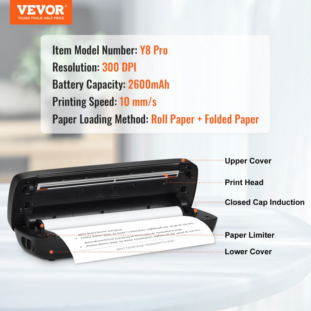 Portable Thermal Printer - 2600mAh Battery, 300 DPI, Bluetooth Inkless Mobile Printer for A4, A5 & 8.5" x 11" Thermal Paper, Compatible with iOS, Android & Laptop, for Travel, Office & Home Use