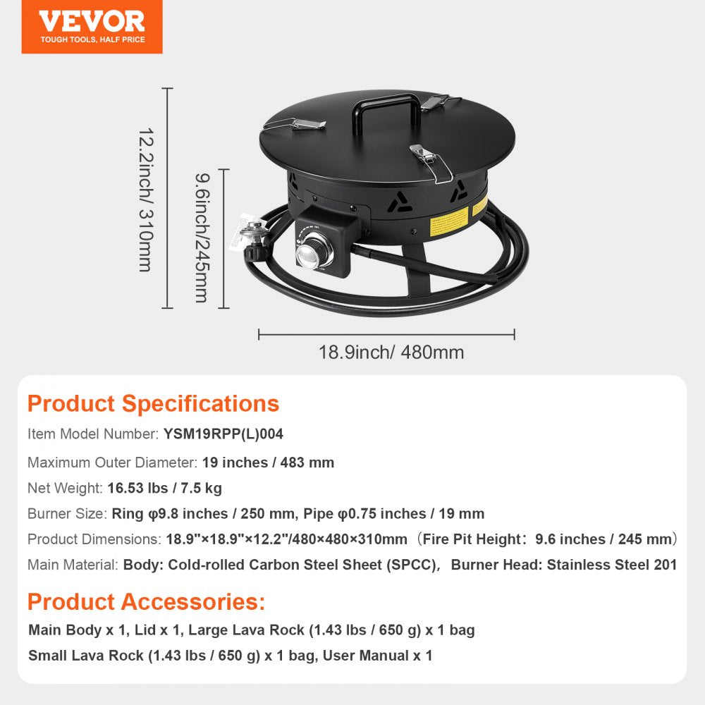 Propane Fire Pit 19” Outdoor Portable Gas Fire Pit for Heating 58000 BTU