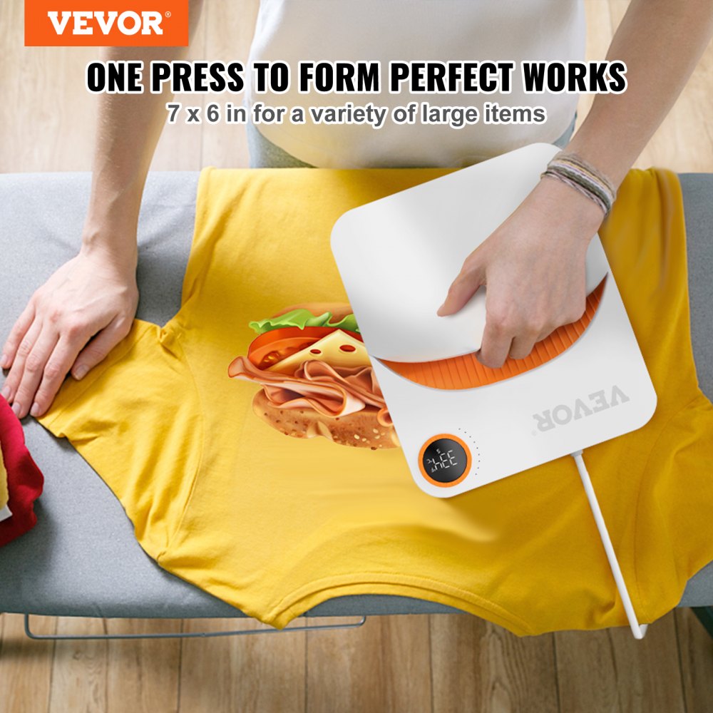 Portable heat press machine with a 7x6" Teflon-coated plate and digital display for easy use.