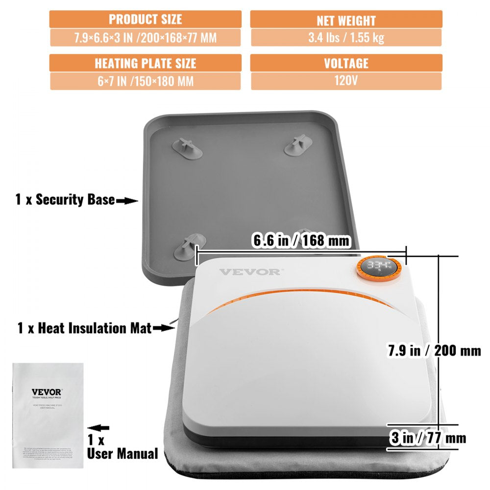 Portable 7x6" heat press machine with digital display and dual-way temperature control.