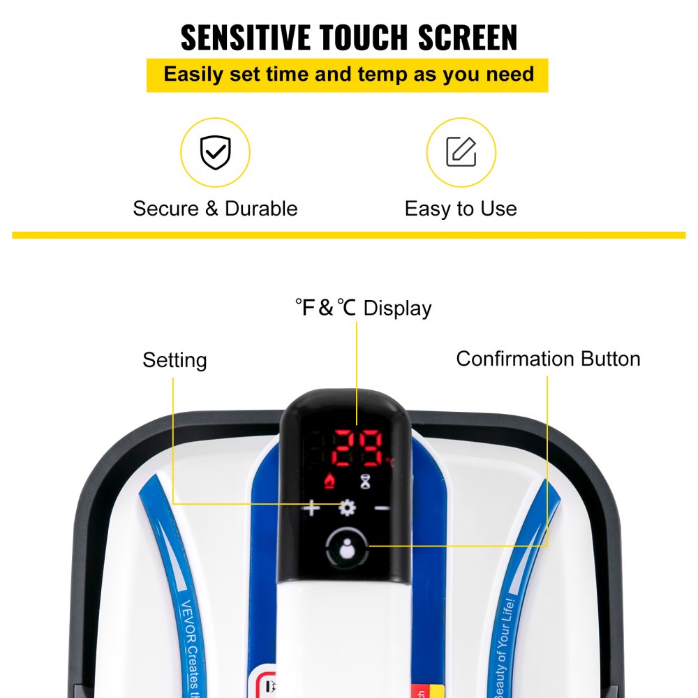 A 7x8 inch portable mini heat press machine with 800W power and touch screen displaying temperature and controls.