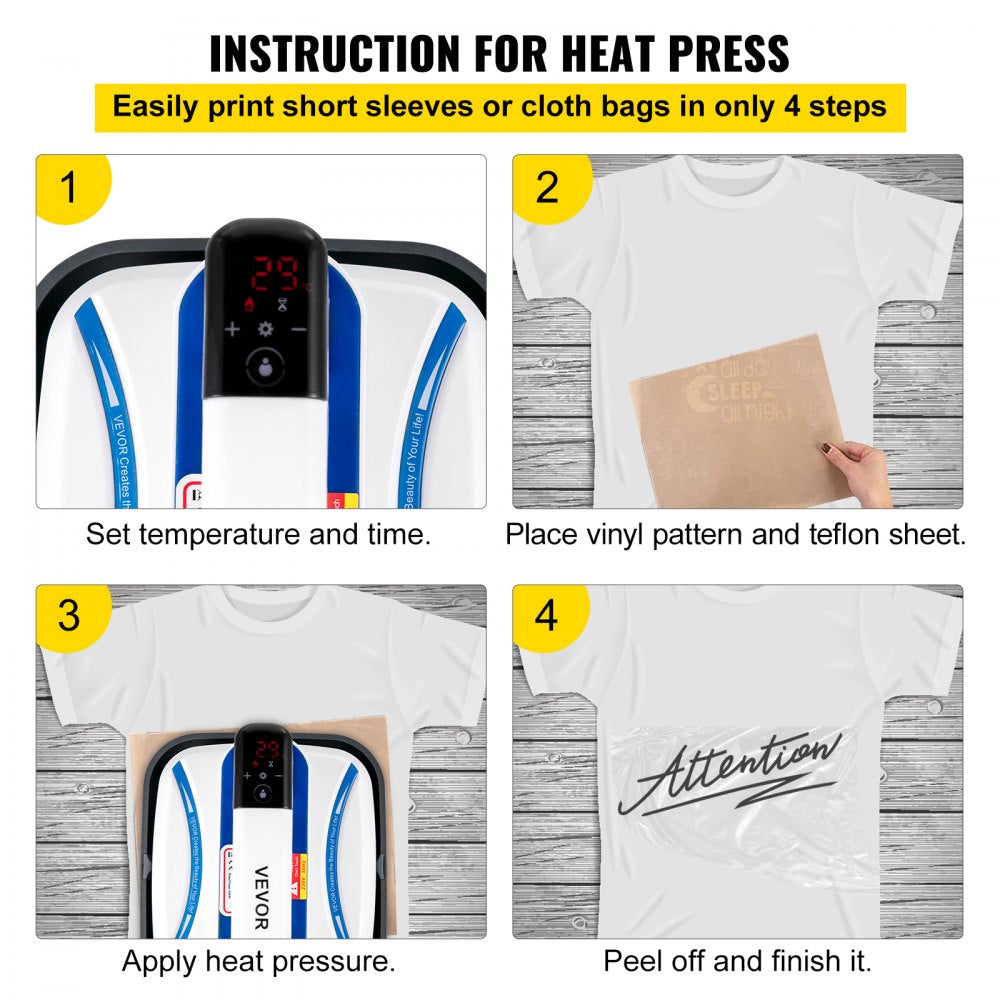 Four-step guide showing Bostome mini heat press printing on short sleeves and cloth bags.