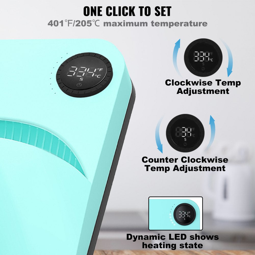 9x9 inch portable heat press machine in teal with digital temperature display showing 334°F and adjustment controls.