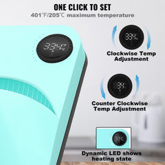 9x9 inch portable heat press machine in teal with digital temperature display showing 334°F and adjustment controls.