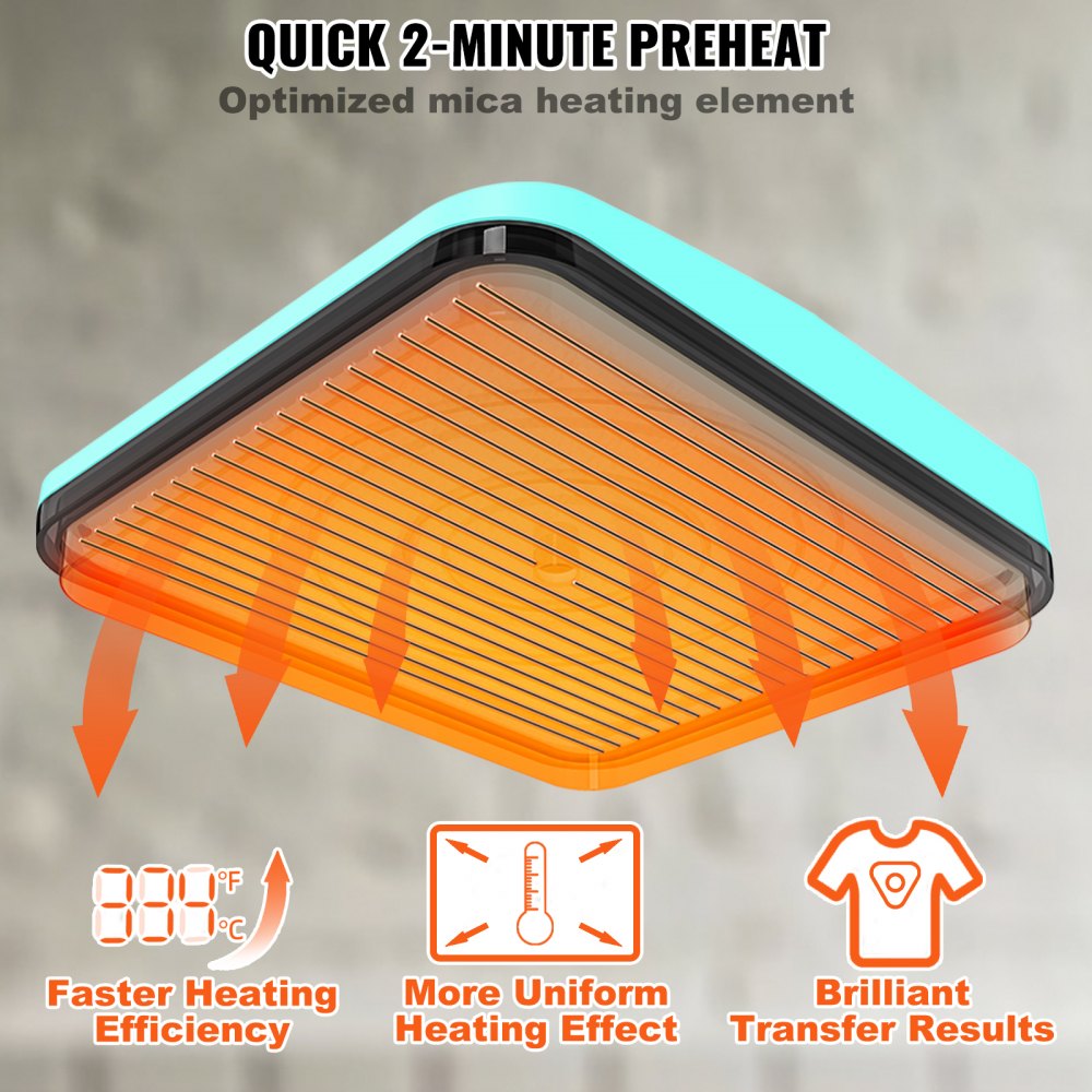 9x9 inch portable heat press with Teflon-coated plate and mica heating element.