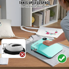 A 9x9 inch portable teal heat press machine with 3-inch thin profile, shown in use on clothing and compared to a bulky model.