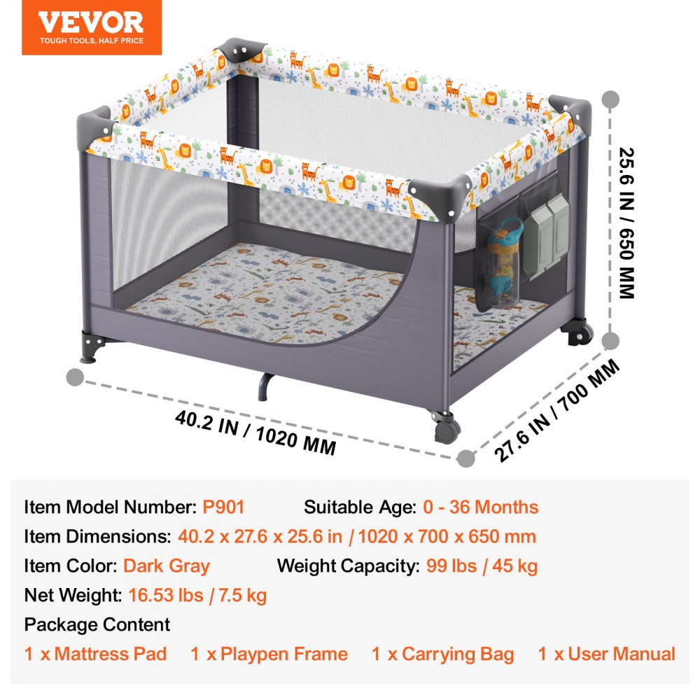 Baby Playpen Quick-Folding Portable Baby Toddler Fence Play Yard & Wheels