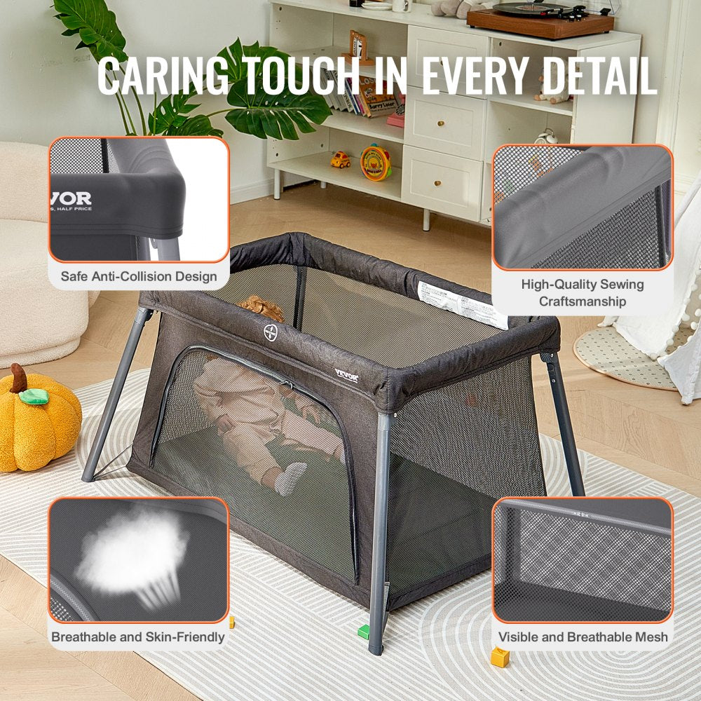 Baby Travel Crib Play Yard Folding Baby Toddler Playpen with Zipper Gate