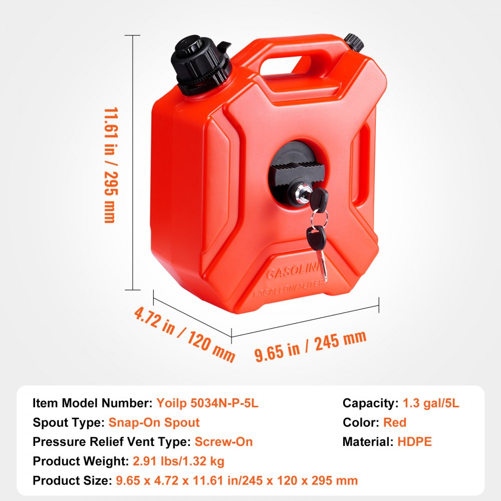 Water Can, 1.3 Gallon/5L, Water Tank with Spout and Lockable Bracket, Storage Water Container, Auto-Off Function & Adjustable Flow Rate, Compatible with Most Cars Motorcycle SUV ATV UTV, Red