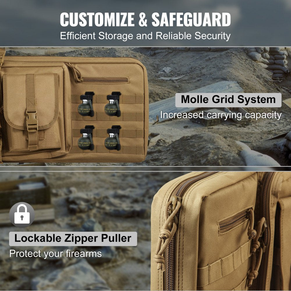 Tactical Range Bag, 36 inch Tactical Double Firearm Bag, Soft Outdoor Tactical Case with Lockable Zipper, Portable Handle & Shoulder Strap, 3 Large Storage Pockets Tactical Range Case, Brown