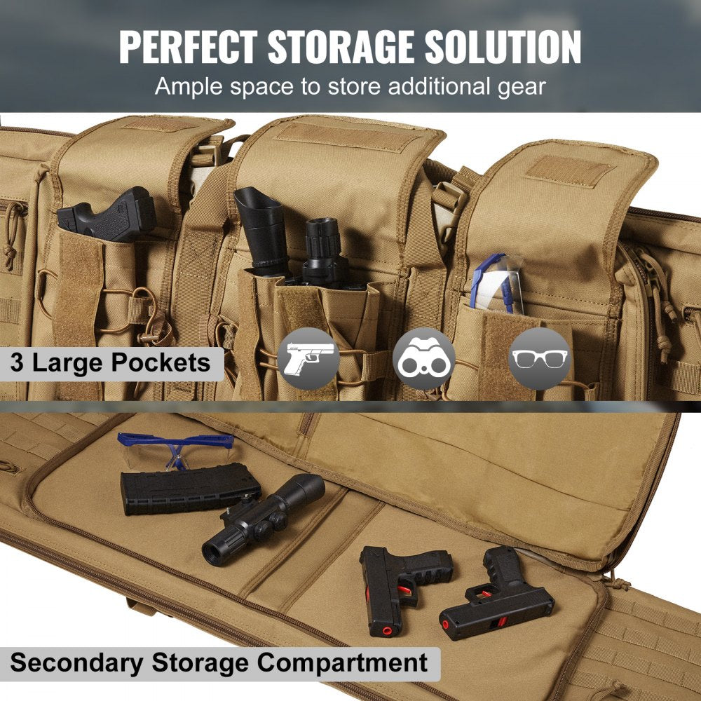 Tactical Range Bag, 36 inch Tactical Double Firearm Bag, Soft Outdoor Tactical Case with Lockable Zipper, Portable Handle & Shoulder Strap, 3 Large Storage Pockets Tactical Range Case, Brown