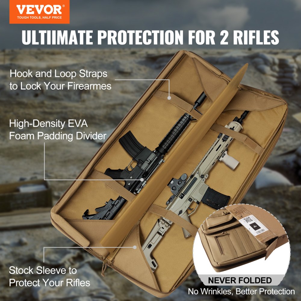 Tactical Range Bag, 42 inch Tactical Double Firearm Bag, Soft Outdoor Tactical Case with Lockable Zipper, Portable Handle & Shoulder Strap, 3 Large Storage Pockets Tactical Range Case, Brown