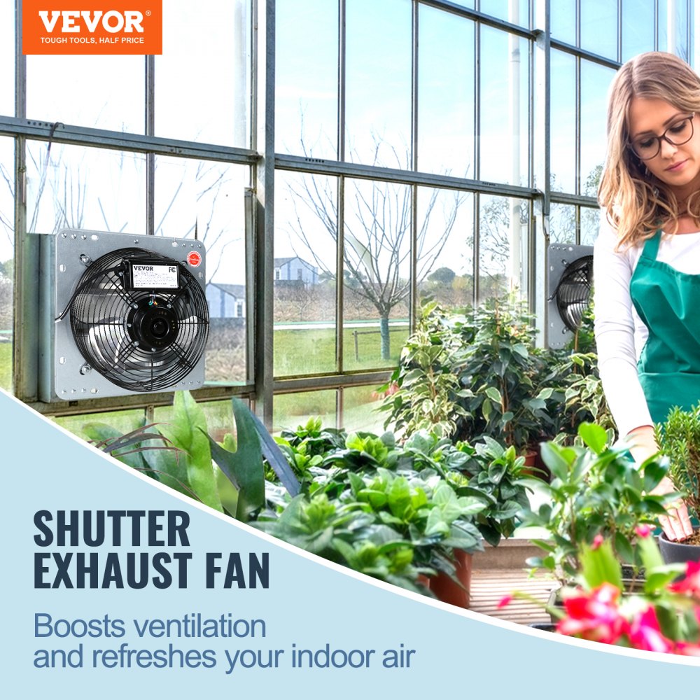 12`` Shutter Exhaust Fan, High-speed 1000 CFM, Aluminum Wall Mount Attic Fan with AC-motor, Ventilation and Cooling for Greenhouses, Garages, Sheds, Shops, FCC