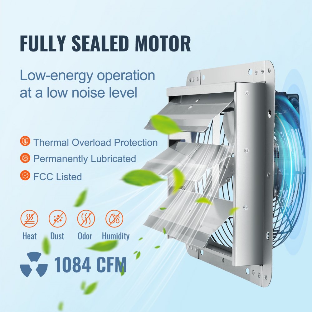 12`` Shutter Exhaust Fan, High-speed 1000 CFM, Aluminum Wall Mount Attic Fan with AC-motor, Ventilation and Cooling for Greenhouses, Garages, Sheds, Shops, FCC