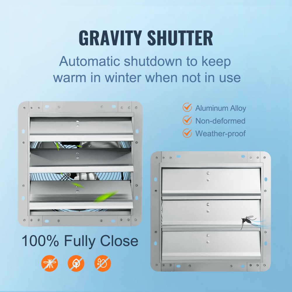 12`` Shutter Exhaust Fan, High-speed 1000 CFM, Aluminum Wall Mount Attic Fan with AC-motor, Ventilation and Cooling for Greenhouses, Garages, Sheds, Shops, FCC