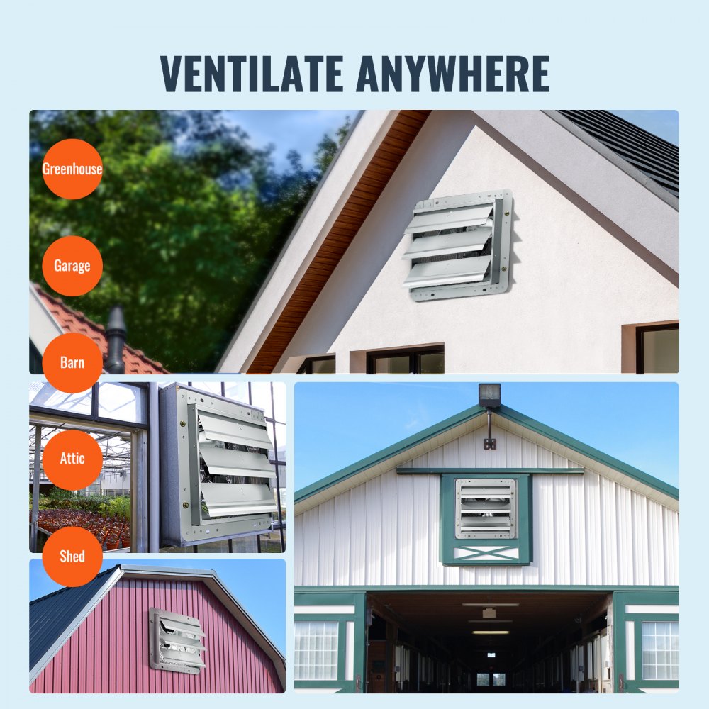 12`` Shutter Exhaust Fan, High-speed 1000 CFM, Aluminum Wall Mount Attic Fan with AC-motor, Ventilation and Cooling for Greenhouses, Garages, Sheds, Shops, FCC
