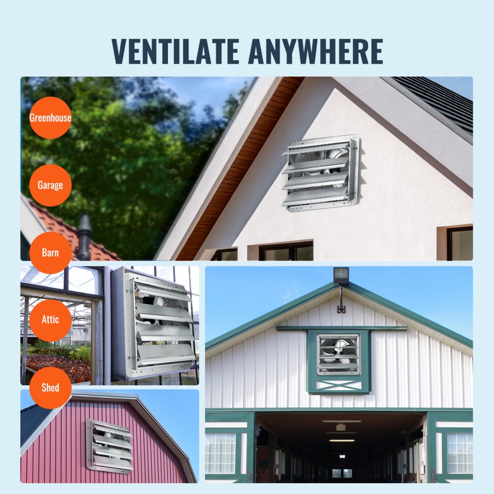 16`` Shutter Exhaust Fan, High-speed 2000 CFM, Aluminum Wall Mount Attic Fan with AC-motor, Ventilation and Cooling for Greenhouses, Garages, Sheds, Shops, FCC