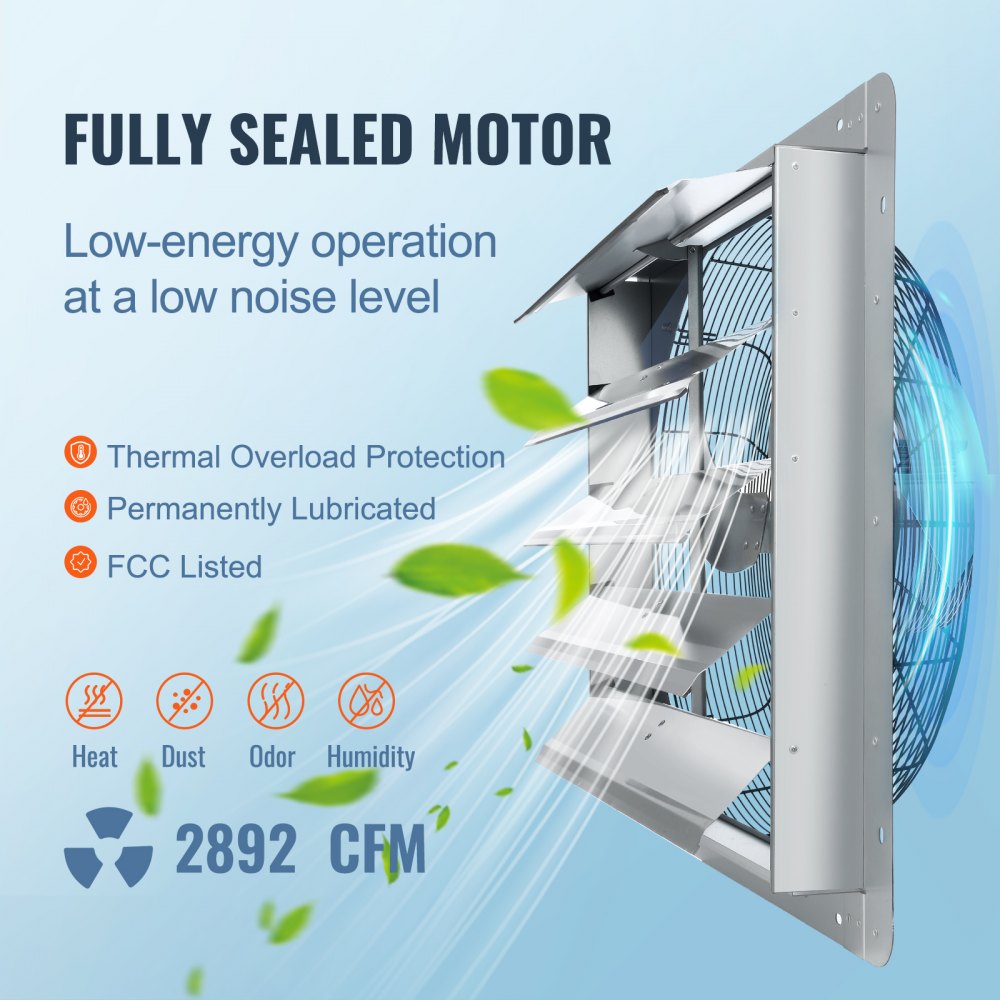 24`` Shutter Exhaust Fan, High-speed 3320 CFM, Aluminum Wall Mount Attic Fan with AC-motor, Ventilation and Cooling for Greenhouses, Garages, Sheds, Shops, FCC