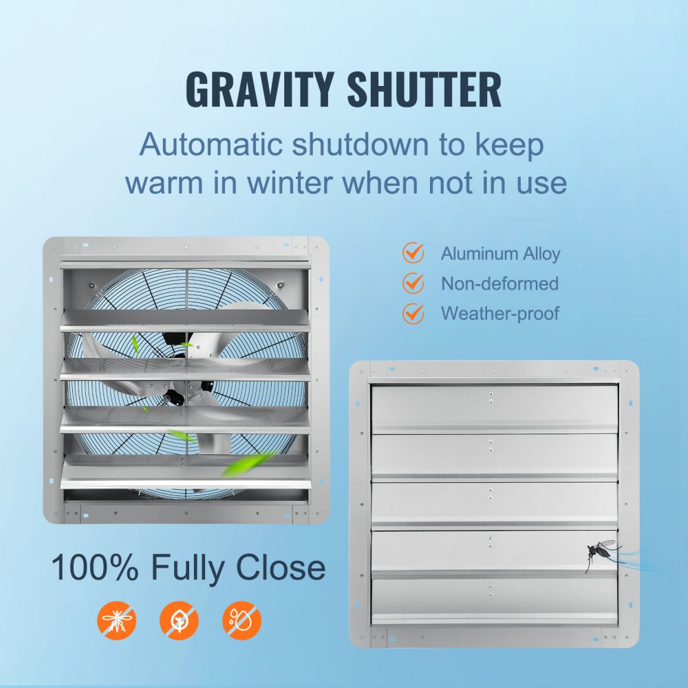 24`` Shutter Exhaust Fan, High-speed 3320 CFM, Aluminum Wall Mount Attic Fan with AC-motor, Ventilation and Cooling for Greenhouses, Garages, Sheds, Shops, FCC