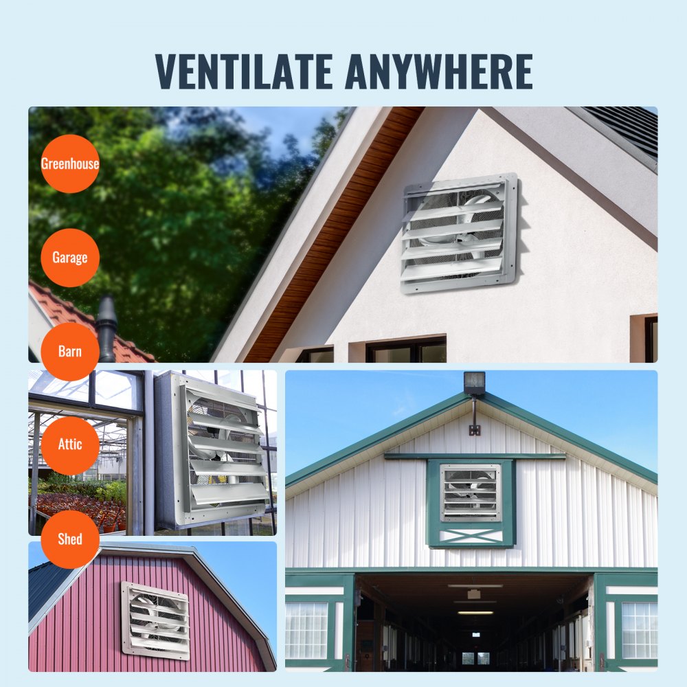 24`` Shutter Exhaust Fan, High-speed 3320 CFM, Aluminum Wall Mount Attic Fan with AC-motor, Ventilation and Cooling for Greenhouses, Garages, Sheds, Shops, FCC