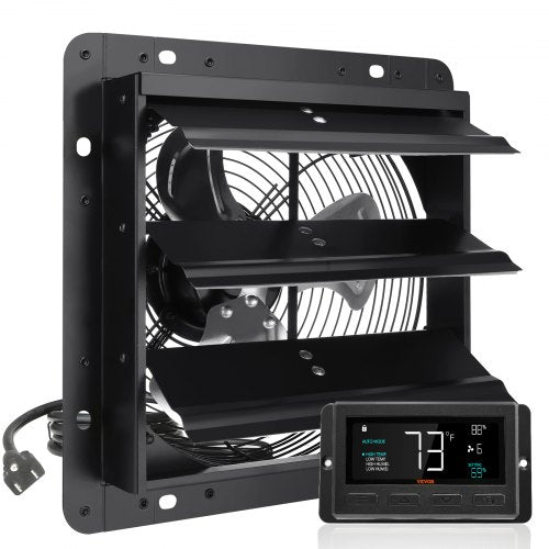 Bostome 10" shutter exhaust fan with EC motor, humidity control, and adjustable speed settings.