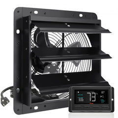 Bostome 10" shutter exhaust fan with EC motor, humidity control, and adjustable speed settings.