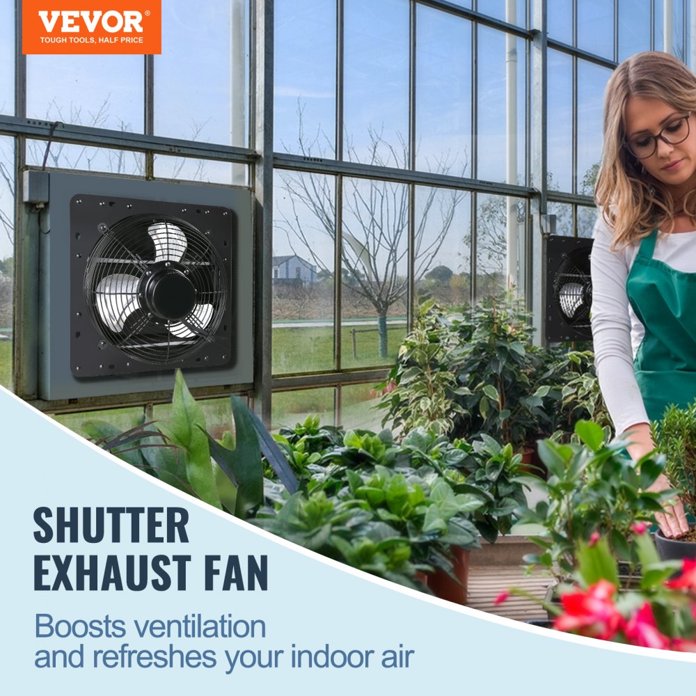 Bostome 10" shutter exhaust fan with EC motor, humidity control, and 820 CFM airflow.