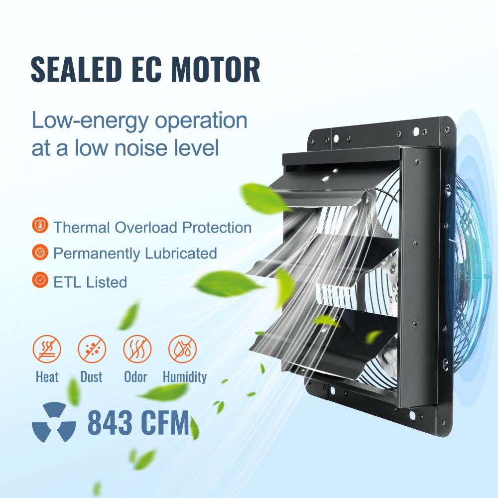 Bostome 10" shutter exhaust fan with EC motor, humidity control, and 820 CFM airflow.