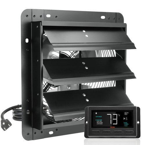 A black 12-inch shutter exhaust fan with EC motor and digital temperature display controller.