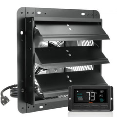A black 12-inch shutter exhaust fan with EC motor and digital temperature display controller.